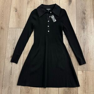 NWT Express Black Ribbed Long Sleeve Mini Dress w/ Collar Gem Buttons Size XS